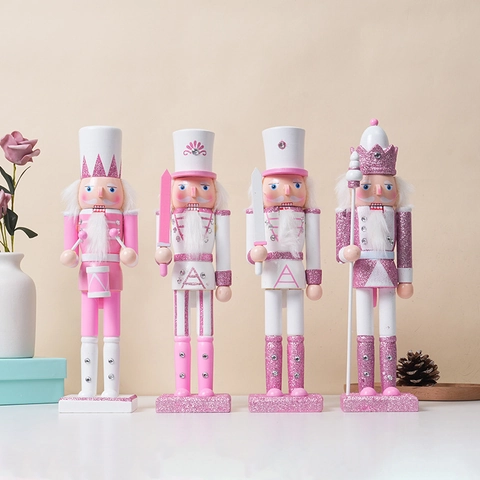Nutcracker Soldier Ornament Pink White Wooden Glitter Christmas Decoration Desktop King Drummer Soldier Figurines