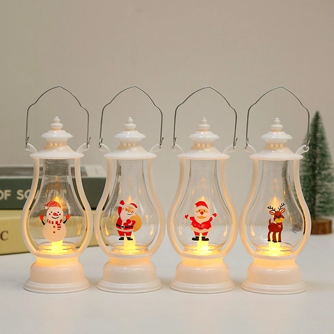 Christmas LED Lantern Retro Hanging Light Plastic Santa Snowman Reindeer Ornament Warm Glow Desktop Decor Holiday Accent