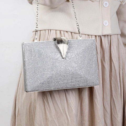 Women Evening Clutch Bag PU Leather Leaf Metal Clasp Detachable Chain Strap Hard Shell Formal Party Wedding Retro Elegant