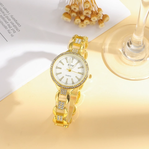 Women Fashion Quartz Watch And Rhinestone Bracelet Bangle Luxury Elegant Alloy Wristwatch Gold Tone