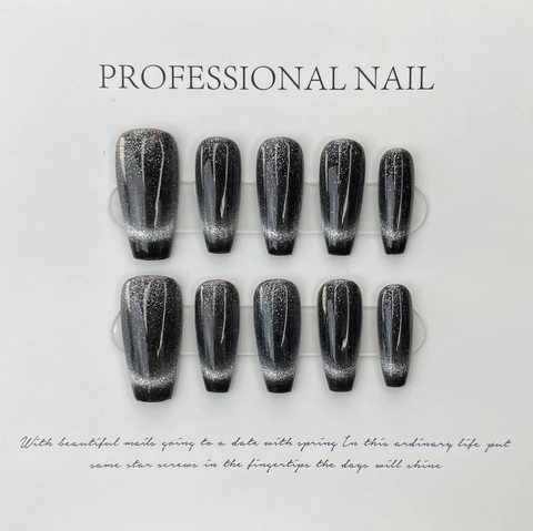 Handgemaakte Midnight Brown Kattenoog Press On Nagels Kit Coffin Amandel Kunstnagels Set Met Strass Kunstparel Accent Herbruikbare Nagels Vrouwen