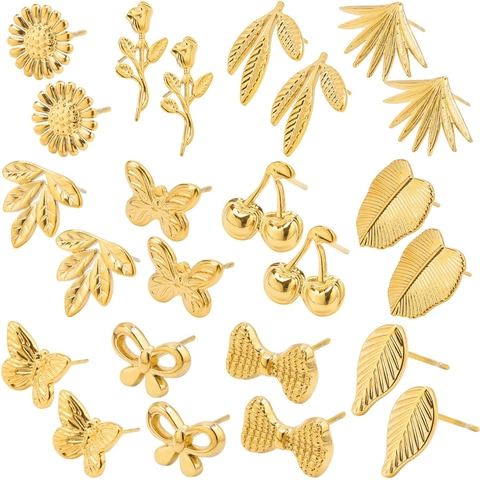 304 Stainless Steel Stud Earrings Flower Leaf Butterfly Cherry Bow Designs Minimalist Trendy Jewelry For Women