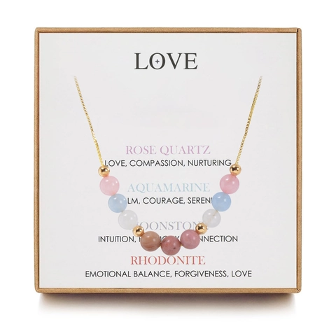 Natural Stone Beaded Necklace Rose Quartz Amethyst Moonstone Aquamarine Gold Plated Chain Heart Pendant Healing Gift