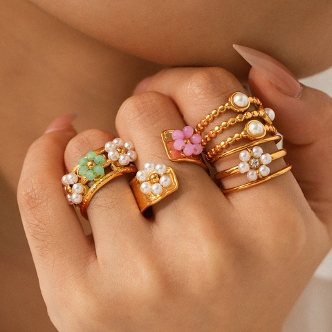 Stainless Steel Gold Plated Open Ring For Women With Faux Artificial Pearl And Beaded Flower Adjustable Fashion Jewelry Accessories
