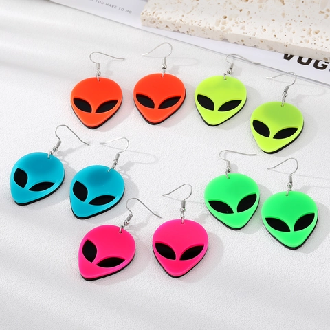 Alien Head Drop Earrings Acrylic Fluorescent Colorful Halloween Y2K Hip Hop Exaggerated Personality Metal Hook