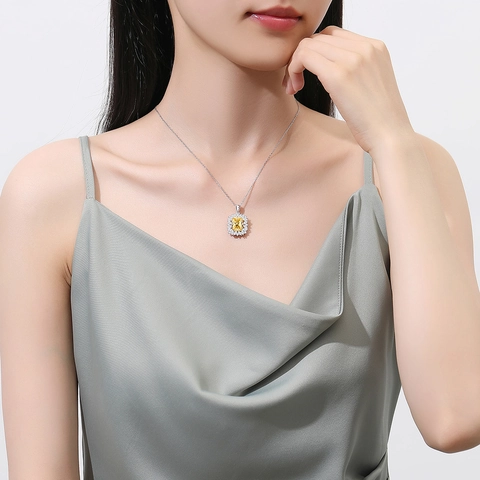 Luxurious S925 Sterling Silver Radiant Cut Yellow Rhinestone Pendant Necklace For Women Elegant Halo Jewelry For Banquet Party