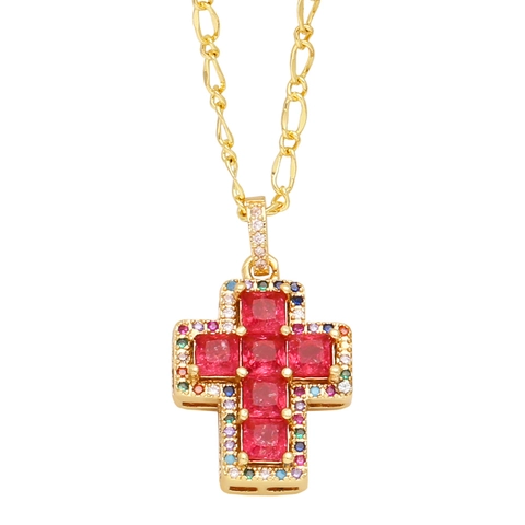Collana Con Pendente A Croce Con Zirconi Colorati Ottone Placcato Oro Catena Figaro Gioielli Religiosi Hip Hop