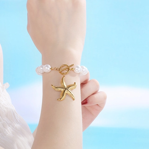 Pulsera De Perlas Artificiales Con Colgantes De Concha Estrella De Mar Corazón De Acero Inoxidable Cierre OT Joyería Playa Verano Para Mujer