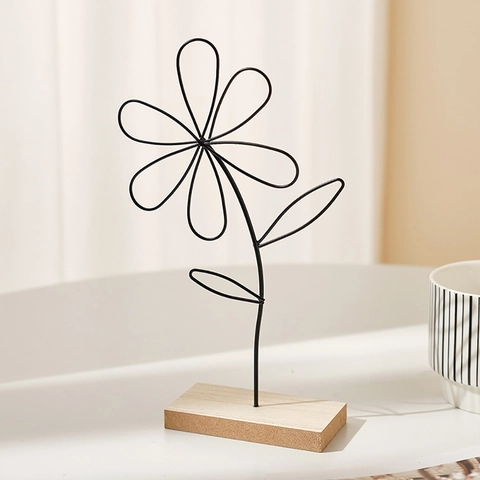 Ornamenti Di Fiori E Foglie In Linea Di Metallo Minimalista Nordico Con Base In Legno Decorazione Da Tavolo Moderna Ufficio