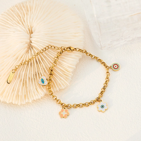 Stainless Steel Bracelet Earrings Colorful Enamel Evil Eye Heart Floral Gold Plated Vintage Fashion Jewelry For Women