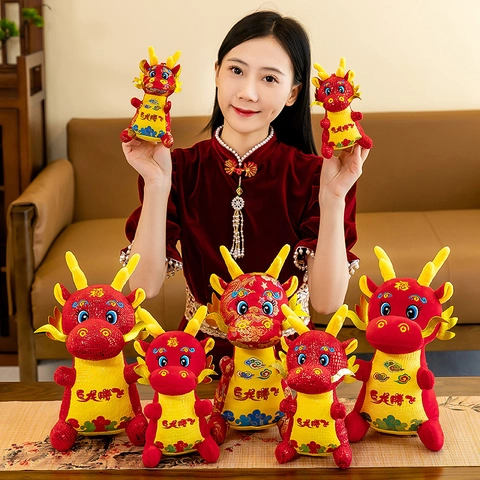 Tradizionale Dragone dello Zodiaco Cinese Peluche Mascotte Rosso Oro Ricamato Morbido Dragone Imbottito per Capodanno Casa Decorazione Regalo