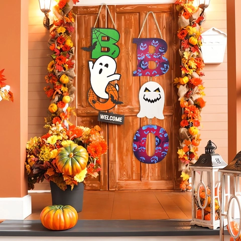 Halloween Ξύλινη Κρεμαστή Επιγραφή Φάντασμα Κρανίο Κολοκύθα BOO Διακόσμηση Πόρτας Ξύλο Κομμένο με Λέιζερ Στολίδια Γιορτής