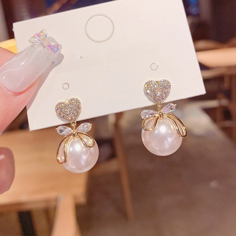 Herzform Strass Schleife Künstliche Perle Ohrhänger Elegante Legierung Schmuck Für Damen Koreanische Mode