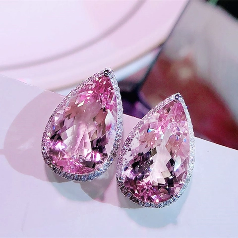Pear Shaped Stud Earrings Copper Pink Zircon Halo Waterdrop Elegant Jewelry For Women Valentine Gift