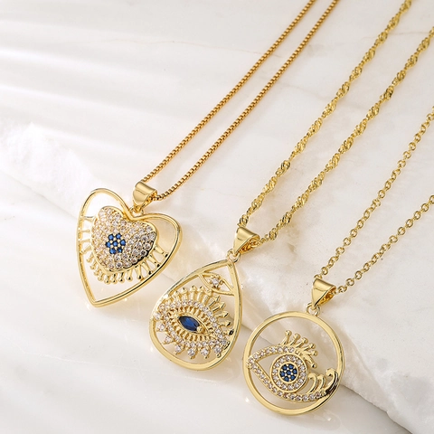 Evil Eye Anhänger Halskette Kupfer 18K Vergoldet Zirkonia Geometrische Schlüsselbeinkette Schmuck Für Damen