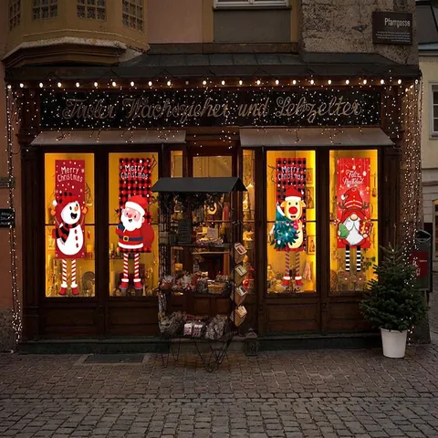 Christmas Door Hanging Banners Buffalo Plaid Non-woven Fabric Santa Snowman Reindeer Gnome Festive Window Wall Decoration