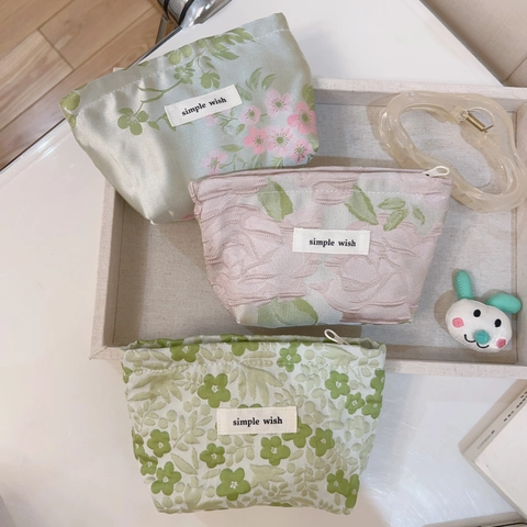 Jacquard Floral Pouch Mini Canvas Fabric Bag Zipper Closure Cosmetic Lipstick Storage Small Organizer For Women Sweet Fresh Style