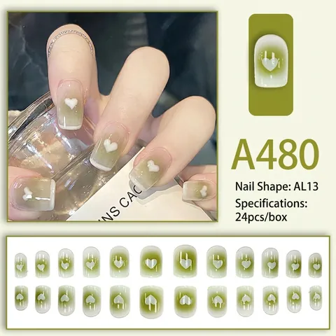 Faux Ongles À Presser Français Dégradé Vert Avec Décor De Cœur 3D Courts Ongles Artificiels Pour Femmes