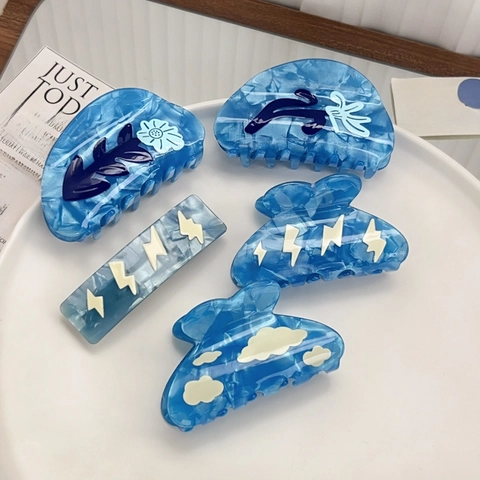 Pinces À Cheveux En Acétate Bleu Marbre Motif Nuage Éclair Shark Clips Coréen Minimaliste Pour Femmes