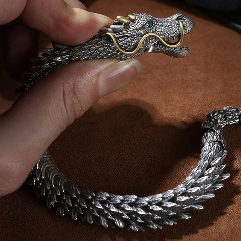 Vintage Punk Drachen Armband Für Herren Retro Altsilber Kupfer Drachenknochenkette Armreif Mit Strass Augen Hip Hop Schmuck Accessoire