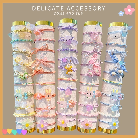 Kids Colorful High Elastic Hair Ties Cartoon Bunny Flower Bow Decorative Fabric Hair Bands For Girls Styling Accessories