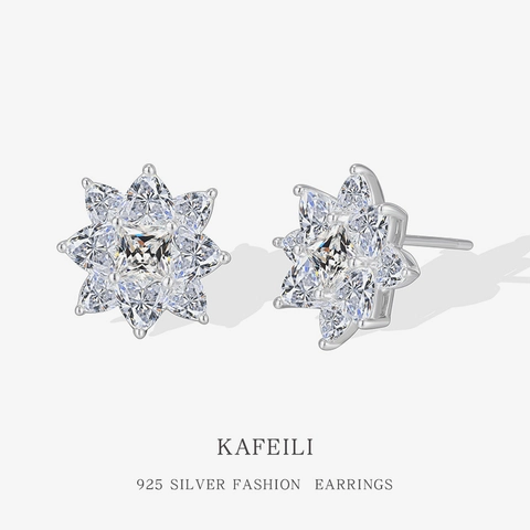 Pendientes de Botón de Copo de Nieve de Plata de Ley S925 Circonia Flor para Mujer Elegante Joyería Regalo
