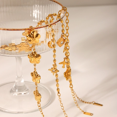 Modisches Edelstahl Armband Für Damen Vergoldet Stern Mond Blume Herz Anhänger Schmuck Zirkon Elegant