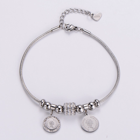 Bracciale In Acciaio Inossidabile Con Ciondolo Moneta Regina Elisabetta II E Strass Catena A Serpente Placcata Oro 18K