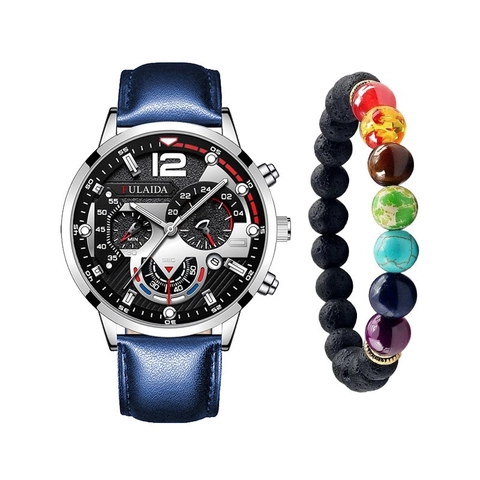 Men Business Fashion Quartz Watch Luminous Calendar Analog Wristwatch With Lava Stone Chakra Bead Bracelet Jewelry Gift Box
