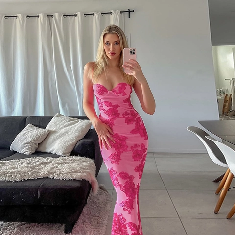 Floral Embossed Pink Sling Maxi Dress Polyester Slim Fit Sleeveless Sexy Bodycon Vacation Party Long Dress For Women