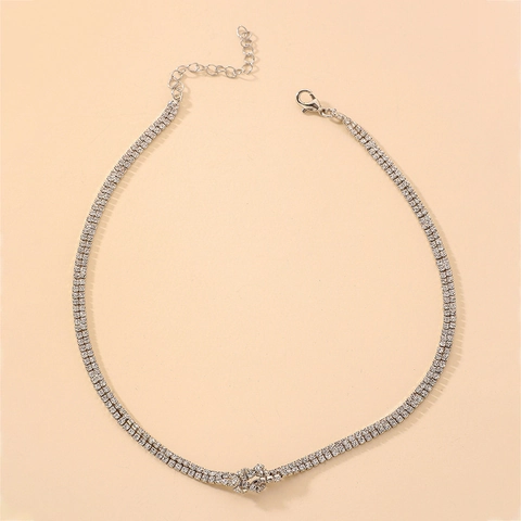 Gargantilla De Dos Filas De Strass Para Mujer Diseño De Nudo Brillante Cadena De Clavícula De Aleación Ajustable Joyería