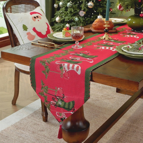 Christmas Table Runner Polyester Cotton Jacquard Woven Snowman Penguin Patterns Holiday Decor With Tassels