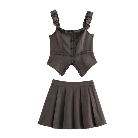 Dames Vest Met Ruches En Geplooide Rok Outfits Donkergrijs Polyester Mouwloos Zoete Preppy Stijl Kleding