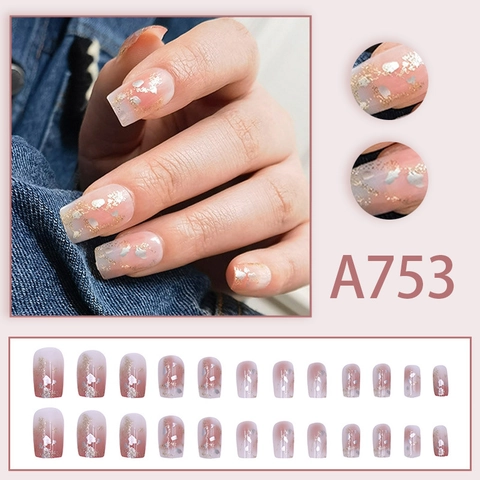 Nude Pink Gradient Press On Nails Icy Transparent Short Square False Nails With Gold Silver Foil Gentle Style For Women