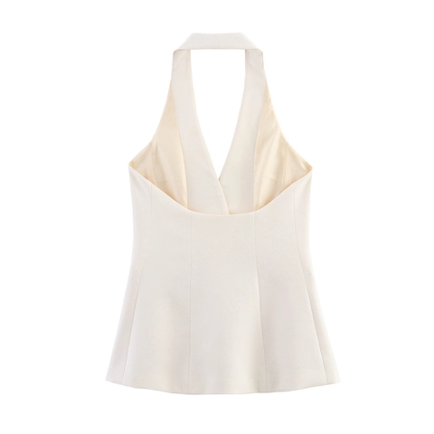 Halter Neck Suit Vest Top Women Backless Deep V Neck Buttoned Front Slim Fit Woven Polyester Waistcoat Beige