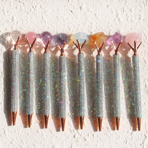 Penna A Sfera Con Pietra Di Cristallo Naturale E Strass Metallo Oro Rosa Cancelleria Per Ufficio Regalo Per Donne