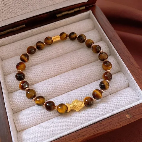 Artificial Tiger Eye Stone Beaded Bracelet With Copper Matte Gold Fish Charm Vintage Chinese Style Lucky For Women