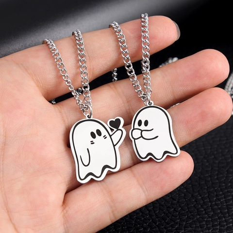 Collier Pendentif Fantôme Acier Inoxydable Cœur Bijoux Halloween Pour Couples Meilleurs Amis Style Dessin Animé Mignon