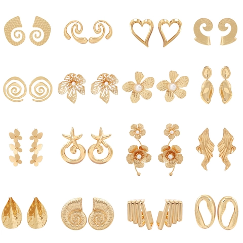 Vintage Metal Geometric Stud Earrings Retro Gold Color Floral Hollow Heart Faux Artificial Pearl Drop Earrings For Women