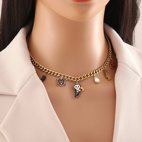 Collana Con Ciondoli Halloween Acciaio Inossidabile Smalto Fantasma Zucca Teschio Pipistrello Pendente Placcato Oro Gioielli Festivi Donna
