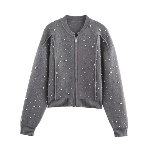 Damen Grau Künstliche Perle Bestickt Strickjacke Reißverschluss Kurz Cardigan Streetwear Locker Schnitt Langarm Strickwaren