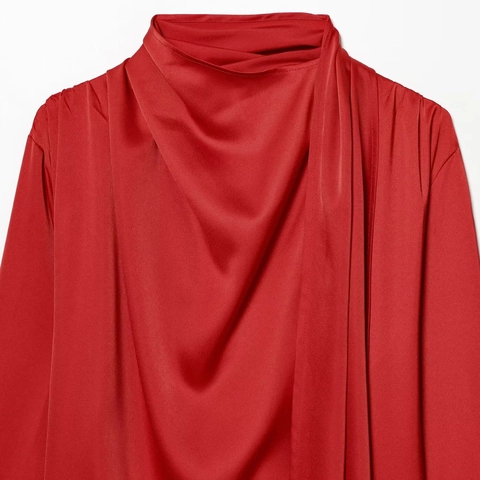 Camicetta Elegante Satén Donna Collo Alto Pieghettato Drappeggiato Collo Sciarpa Maniche Lunghe Texture Raso Top Chic Ufficio