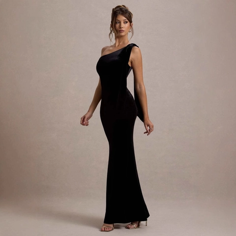 Vestito Da Sera In Velluto Monospalla Sirena Attillato Lunghezza Pavimento Con Fiocco Per Donne