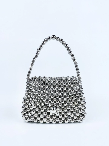 Hand-Woven Beaded Mini Handbag Silver Metallic Acrylic Beads Retro Elegant Small Square Evening Party Bag For Women