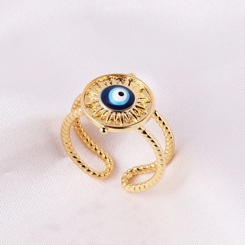 Bague Ouverte Oeil Maléfique Soleil En Laiton Plaqué Or Rétro Ethnique Ajustable Mystérieuse Émail Bleu Géométrique Pour Femmes