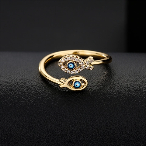 Evil Eye Double Fish Open Ring Copper Gold Plated Zircon Adjustable Geometric Finger Jewelry For Women