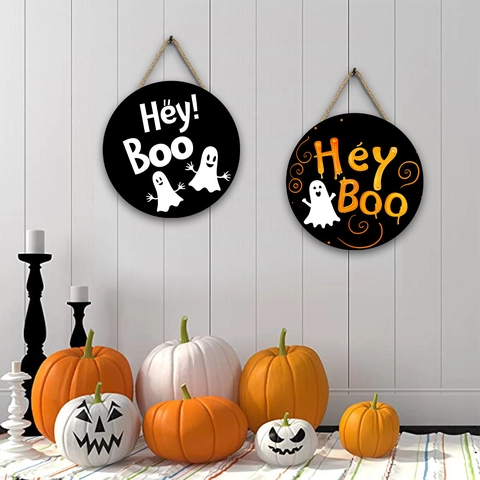 Halloween Wood Hanging Sign Round Plaque Ghost Spider Web Door Decor Wall Art Home Atmosphere Prop
