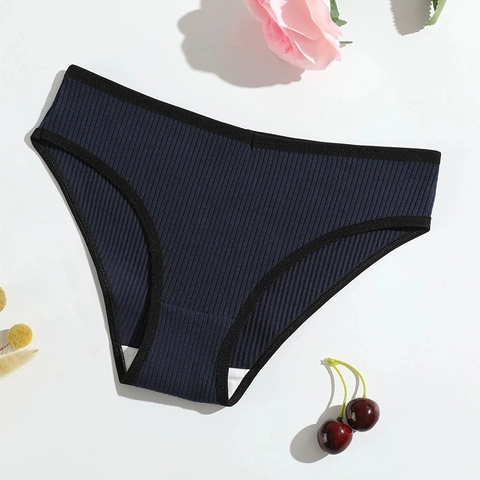 Culotte En Coton Côtelé Pour Femmes Taille Basse Respirant Bordure Contrastée Slip Couleur Unie