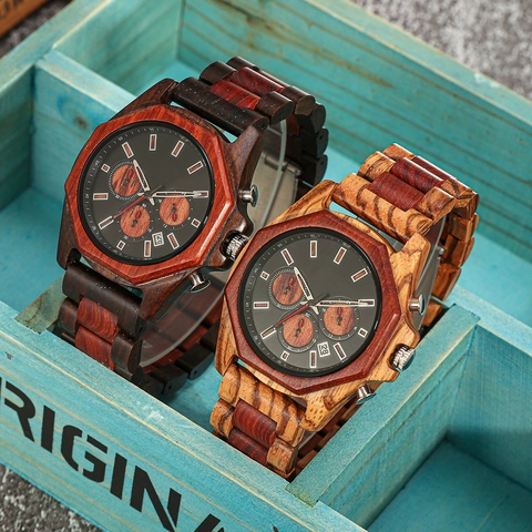 Reloj de Cuarzo de Madera Octogonal Retro para Hombre Cronógrafo Multifuncional Con Calendario Reloj de Pulsera de Madera Artesanal