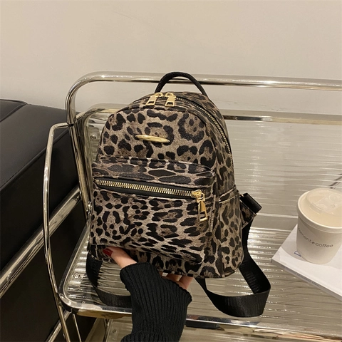 Fashion Leopard Print Mini Backpack PU Leather Small Schoolbag Gold Zipper For Women Girls Casual Travel Outing